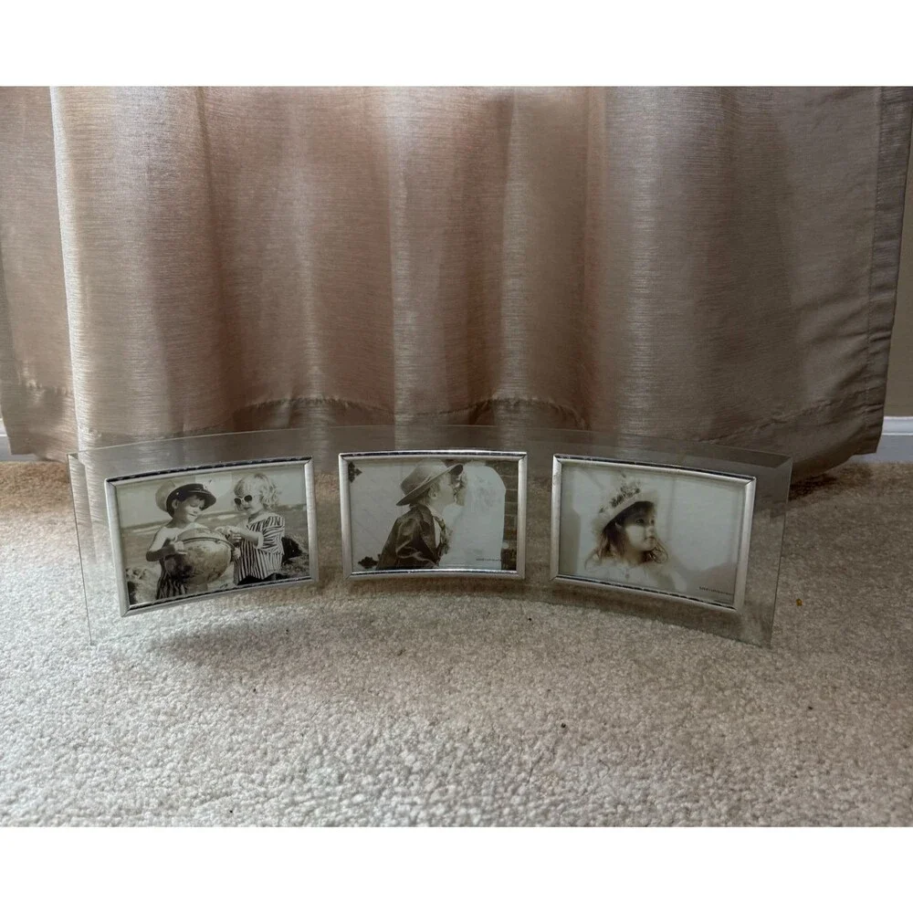 Curved Glass Triple Picture Frame 3 Photo Beveled Silver Desk Mantel Holder Bent